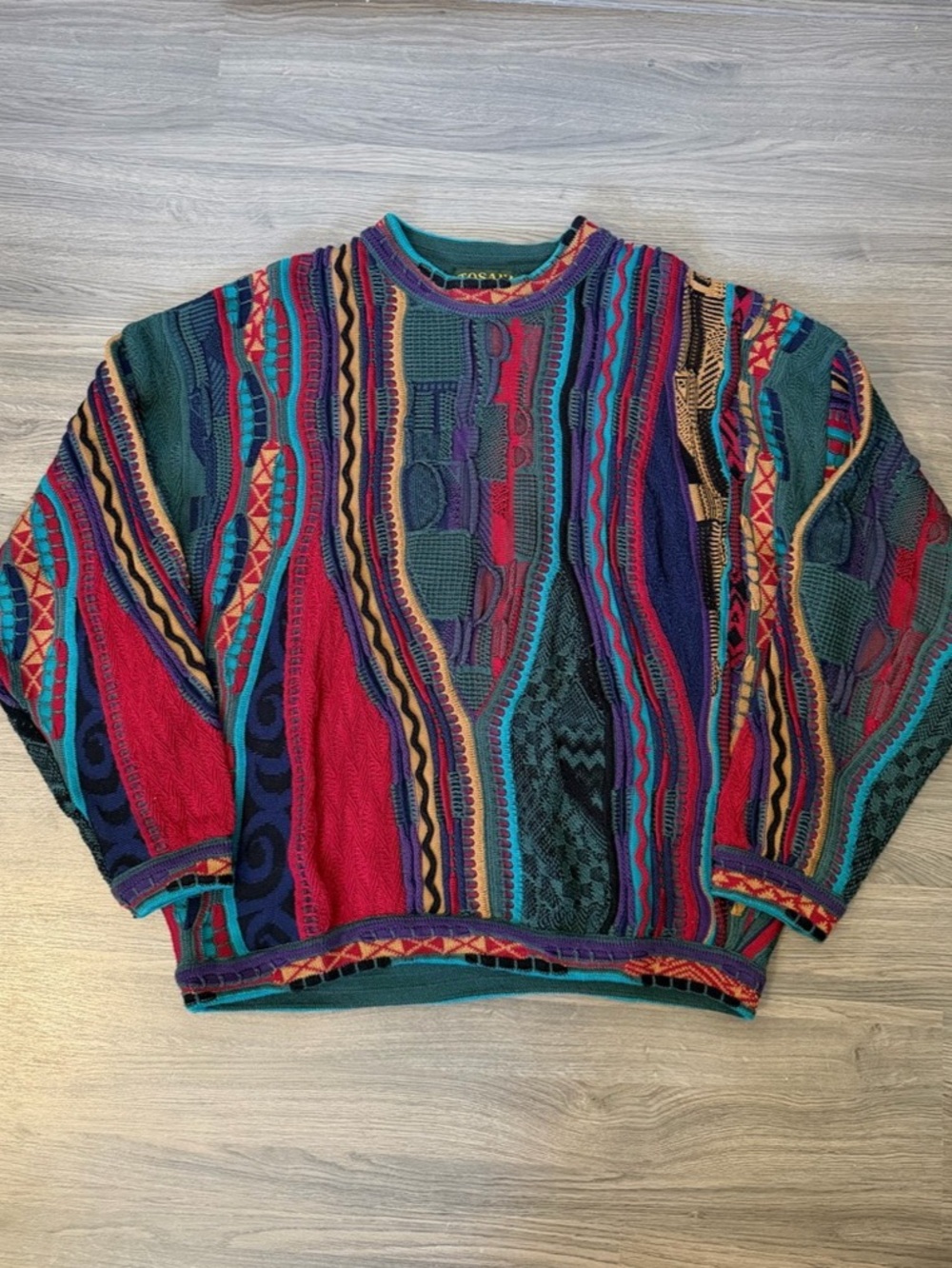 Vintage Tosani Multicolor Geometric 3D Knit COOGI Style Sweater Made in Canada